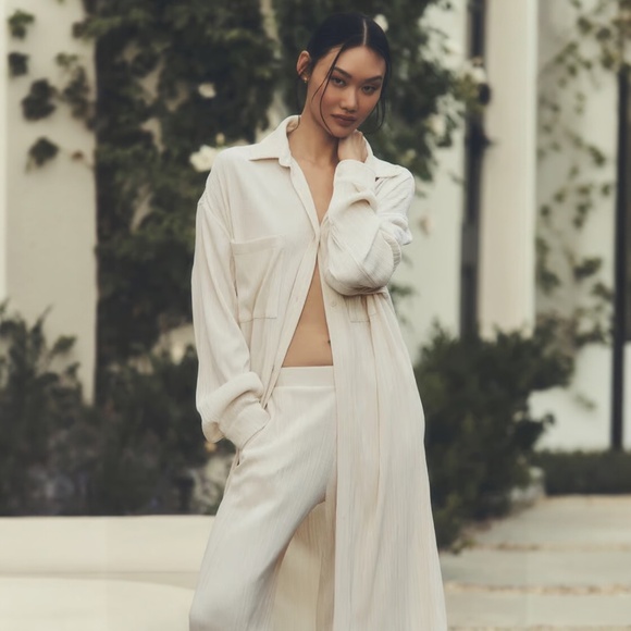 ALO Cream Micro Plisse Shirt Dress Pleated S - Picture 2 of 7